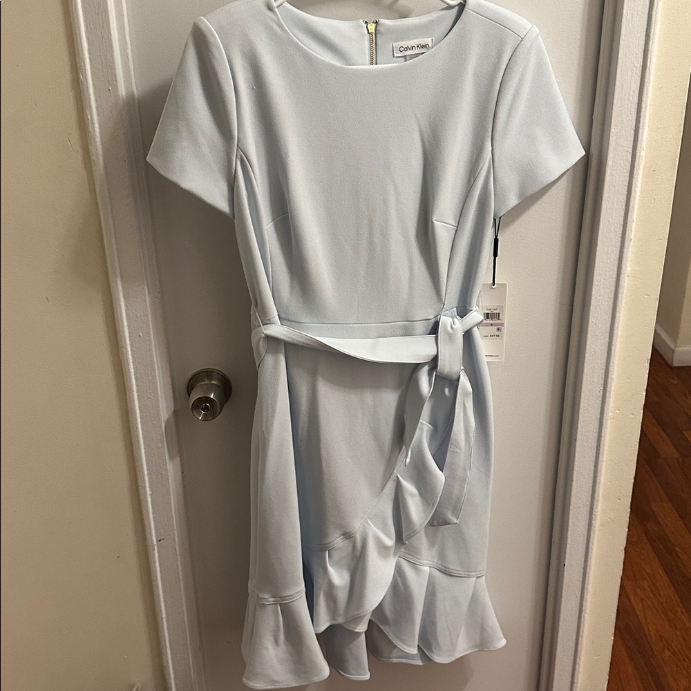 Calvin‎ Klein Baby Blue Ruffle Tulip Hem Stretch Crepe Belt Dress Size 6